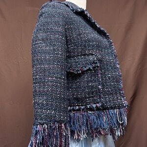 Navy blue tweed jacket with fringe trim